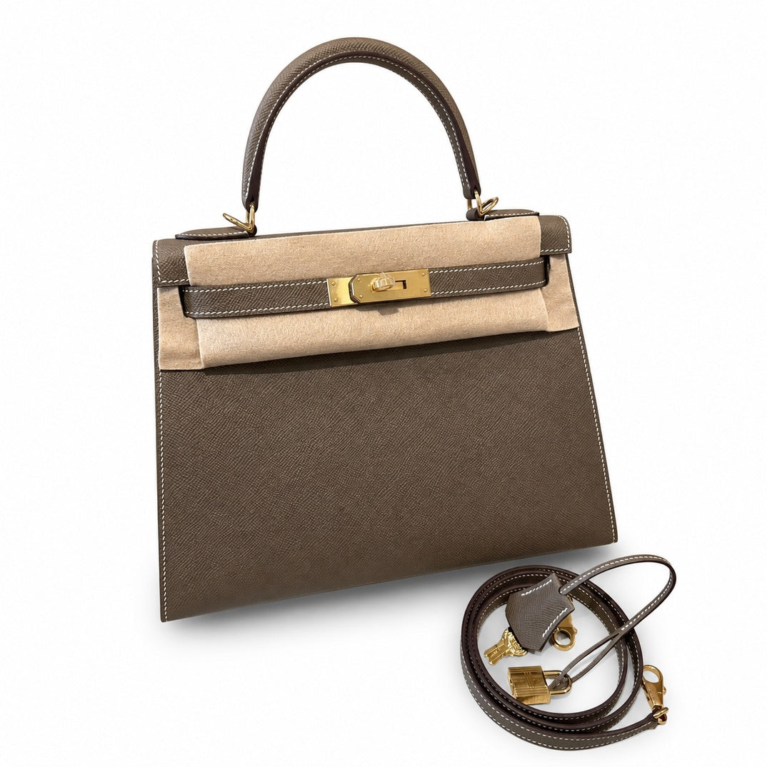 Kelly 28cm in Elephant Gray Epsom Leather with Gold Buckle Handmade — Versatile Structured Bag