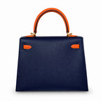 Kelly 25 sapphire blue with classic orange Epsom frosted Gold Buckle handmade — Elegant Structured Carry Style