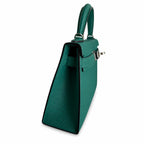 handmade Mini Kelly II 19cm imported Epsom Leather malachite green Silver Buckle — Compact Top-Handle Bag