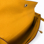 Slim Evening Clutch: Kelly cut clutch, evening bag, Epsom Leather, wax thread hand-sewing, amber yellow, Gold Buckle