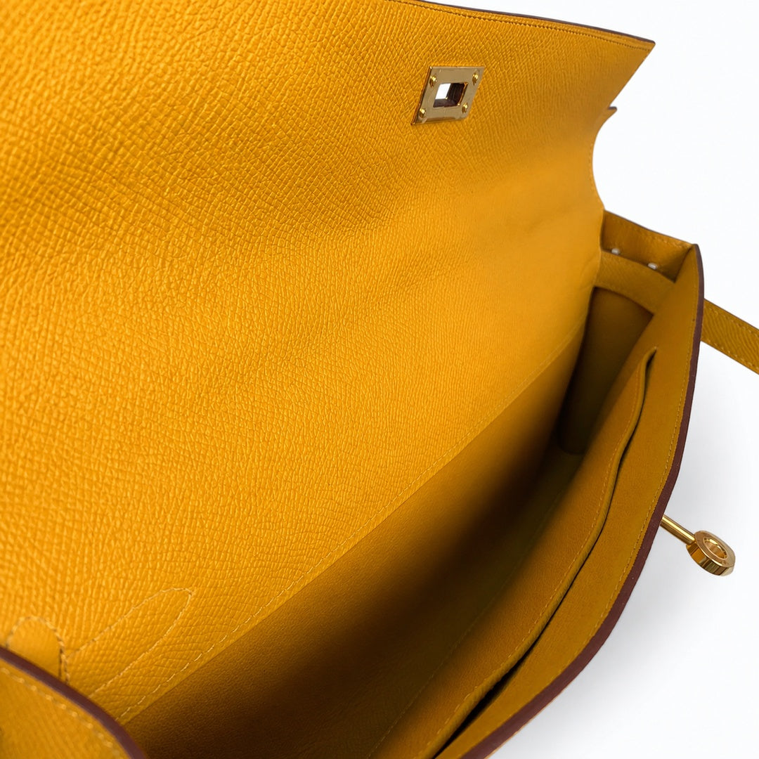 Slim Evening Clutch: Kelly cut clutch, evening bag, Epsom Leather, wax thread hand-sewing, amber yellow, Gold Buckle