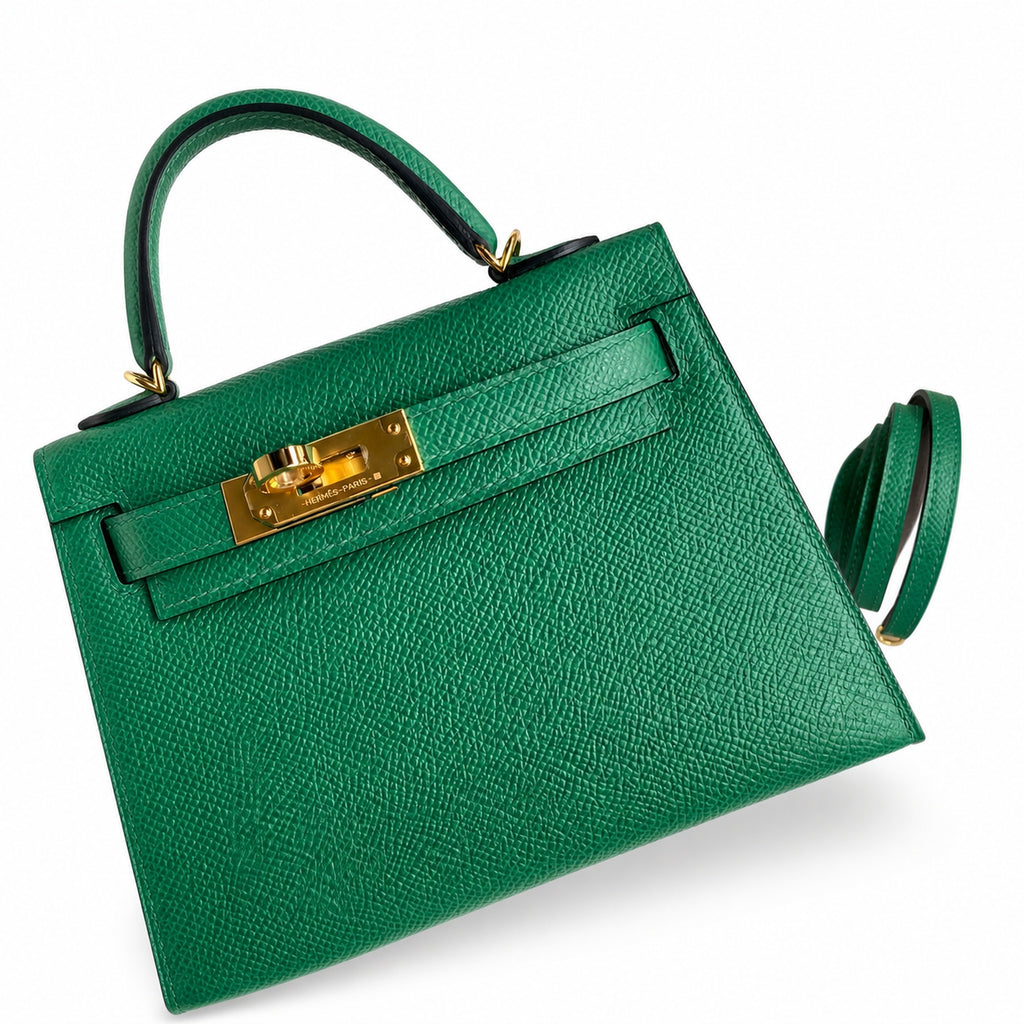 handmade Mini Kelly II 19cm imported Epsom Leather Velvet Green Gold Buckle — Distinctive Petite Bag