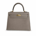 Kelly 25 M8 asphalt gray Gold Buckle Epsom pure handmade wax thread — Refined Top-Handle Bag
