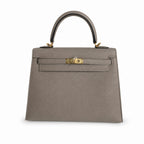 Kelly 25 M8 asphalt gray Gold Buckle Epsom pure handmade wax thread — Refined Top-Handle Bag
