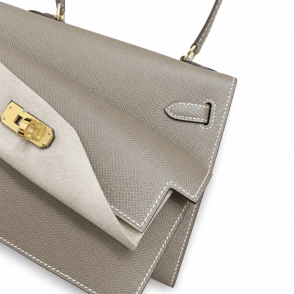 Kelly Desordre 20cm Sellier double-sided Epsom original palm print leather ck18 Elephant Gray Etoupe Gold Buckle GHw top hand sewing — Elegant Structured Carry Style