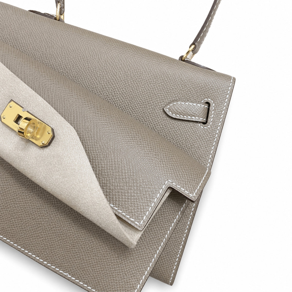 Kelly Desordre 20cm Sellier double-sided Epsom original palm print leather ck18 Elephant Gray Etoupe Gold Buckle GHw top hand sewing — Elegant Structured Carry Style