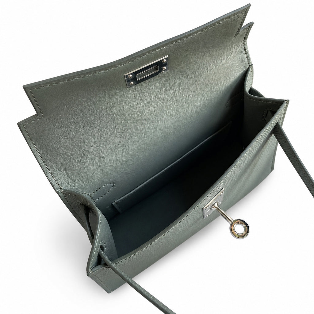 handmade Mini Kelly II 19cm imported Epsom Leather almond green Silver Buckle — Streamlined Mini Handbag