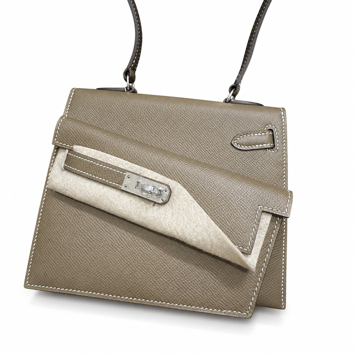 Kelly double-sided Desordre Epsom original palm print leather ck18 Elephant Gray Etoupe Silver Buckle PHW top hand sewing — Elegant Structured Carry Style