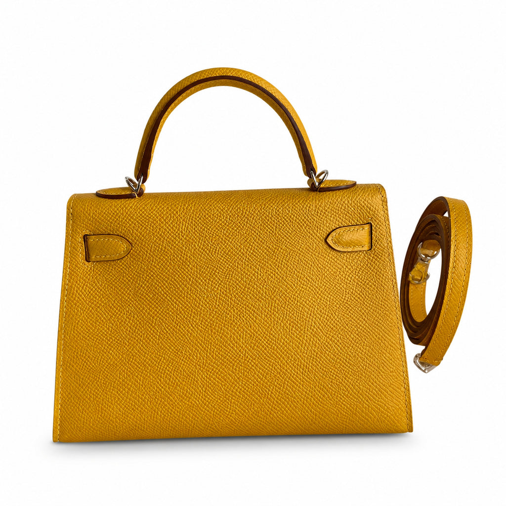 handmade Mini Kelly II 19cm imported Epsom Leather amber yellow Silver Buckle — Elegant Compact Carry Style