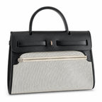 Herbag 31cm Saddle-Inspired Canvas Body with Leather Handle and Shoulder Strap — Elegant Leather-Accented Canvas Bag
