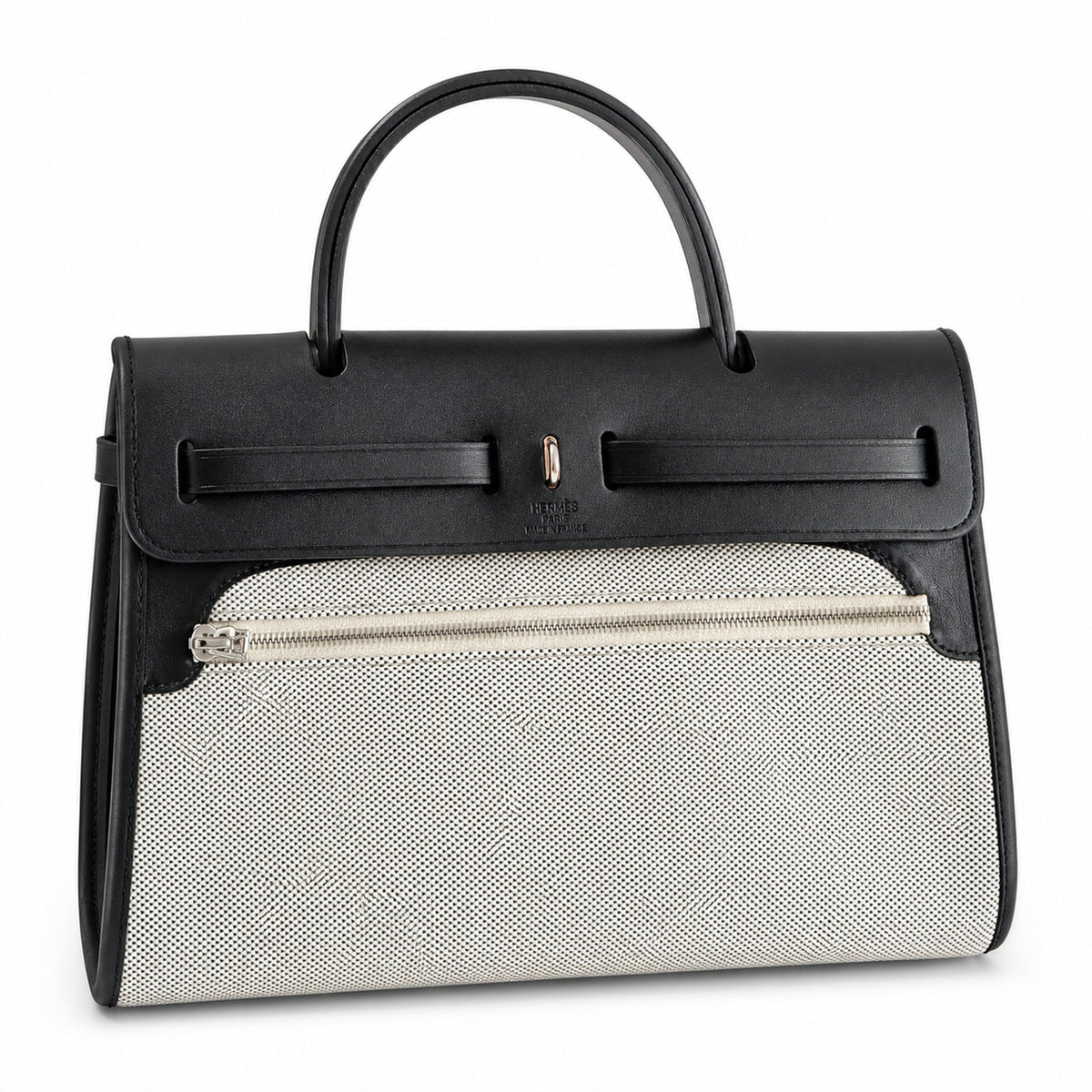 Herbag 31cm Saddle-Inspired Canvas Body with Leather Handle and Shoulder Strap — Elegant Leather-Accented Canvas Bag