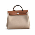 Herbag 31cm Saddle-Inspired Canvas Body with Leather Handle and Shoulder Strap — Canvas Shoulder Bag with Leather Accents