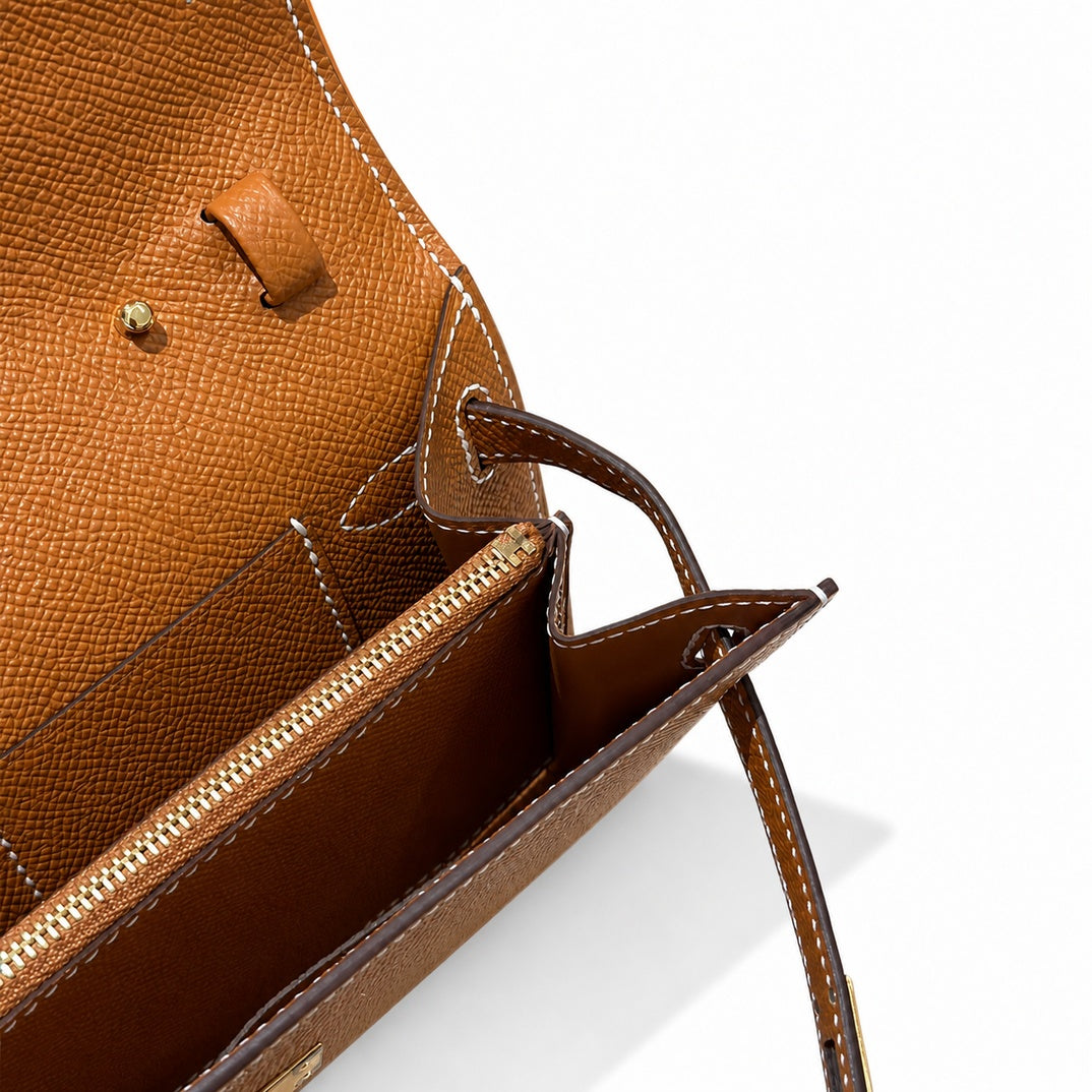 Kelly to go Color: ck37/Gold Size: 19*11.5*1.5cm Leather: Epsom Hardware: Gold Kelly crossbody bag, Golden Brown, cowhide, Gold Buckle, handmade P — Elegant Petite Clutch