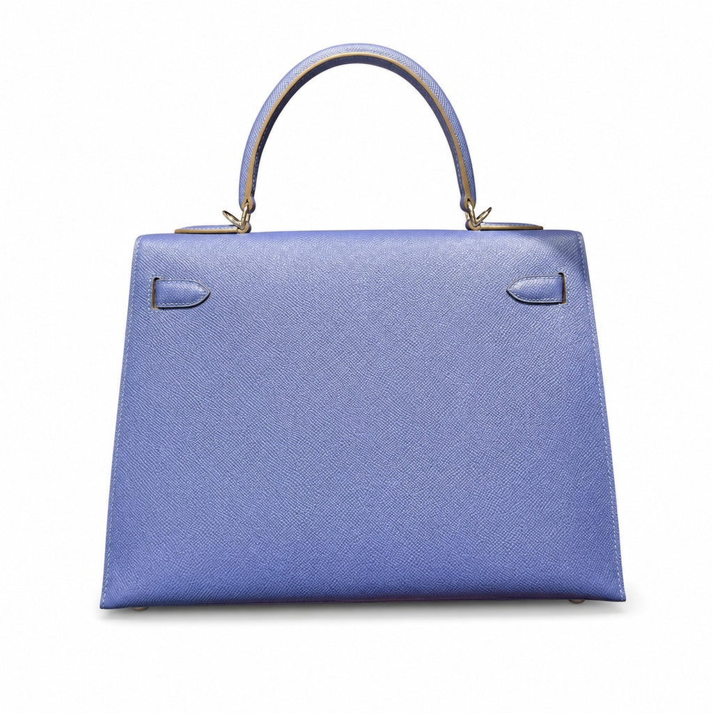 Kelly 32cm Epsom Leather 10 Craie Milkshake White R2 Blue Agate Bright Blue Top Handmade — Polished Structured Handbag
