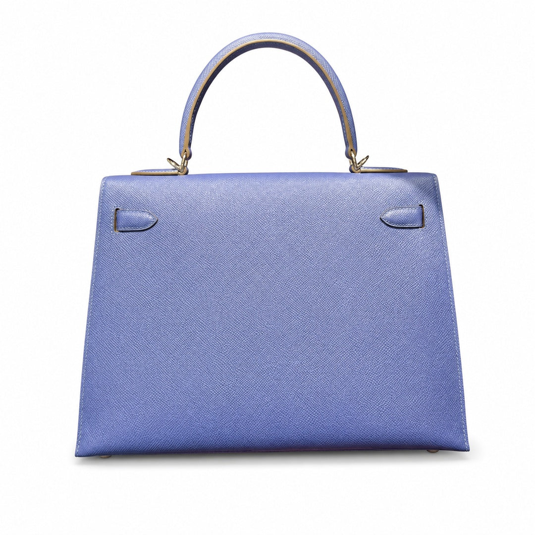 Kelly 32cm Epsom Leather 10 Craie Milkshake White R2 Blue Agate Bright Blue Top Handmade — Polished Structured Handbag