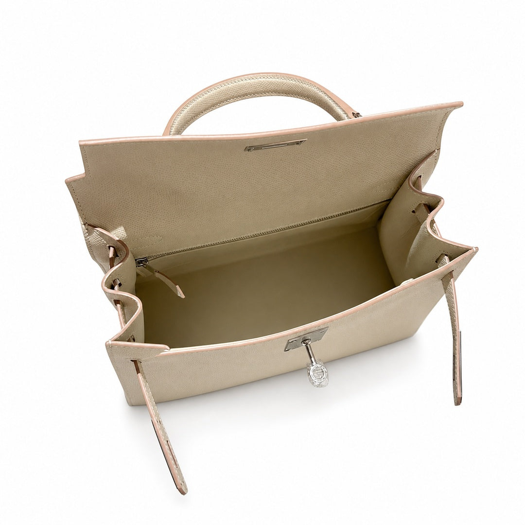 Kelly 28cm in Milkshake White Epsom Leather with Silver Buckle Handmade — Versatile Structured Bag