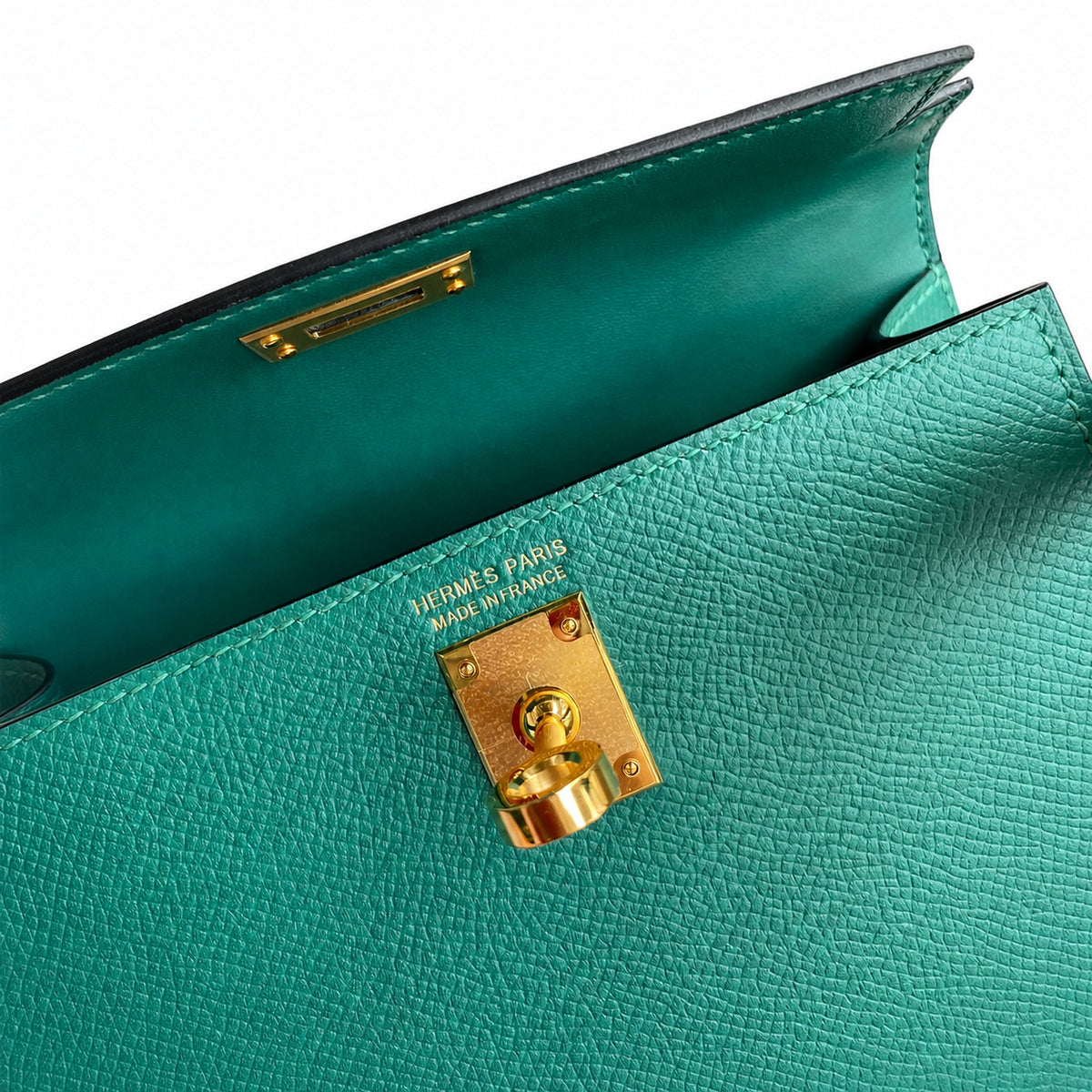 handmade Mini Kelly II 19cm imported Epsom Leather malachite green Gold Buckle — Polished Compact Handbag
