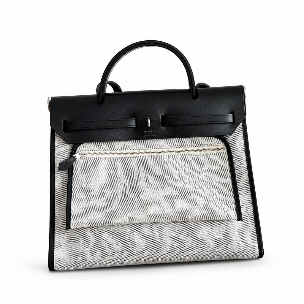Classic Canvas Body and Leather Straps: Herbag 31cm Saddle-Inspired Canvas Body with Leather Handle and Shoulder Strap