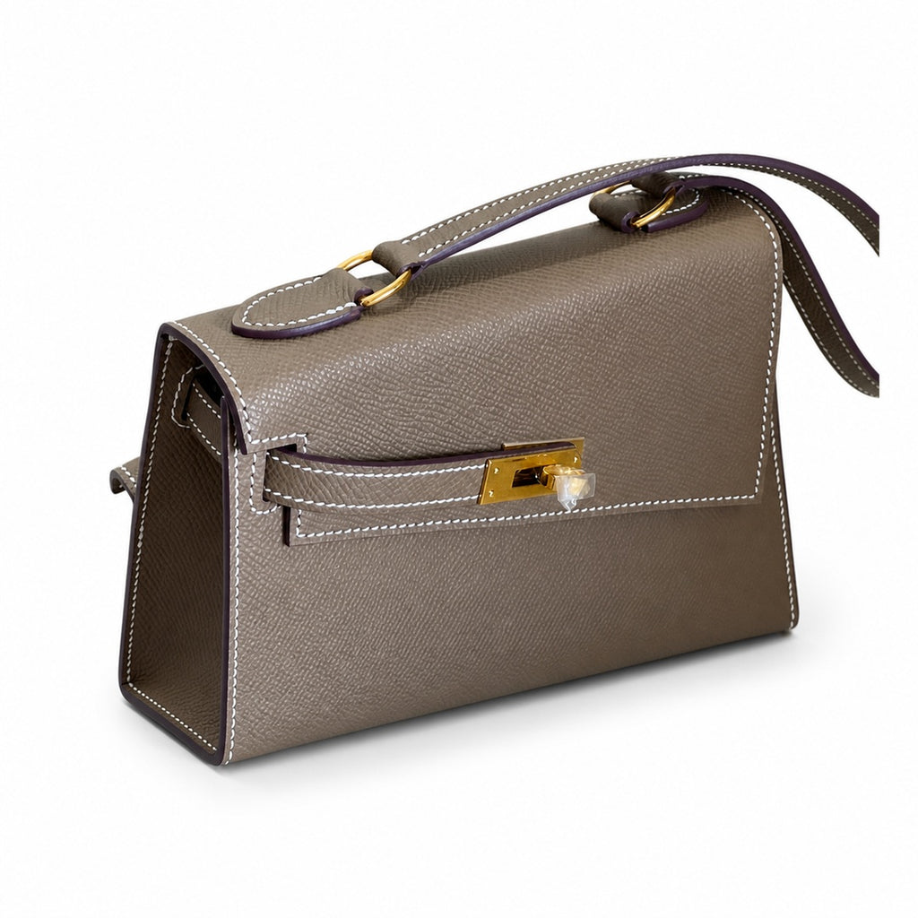 Kelly Double-Sided Epsom Leather in Elephant Gray with Gold Buckle — Distinctive Double-Sided Handbag