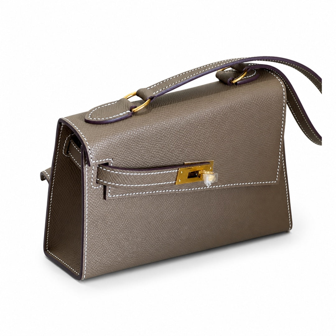 Kelly Double-Sided Epsom Leather in Elephant Gray with Gold Buckle — Distinctive Double-Sided Handbag