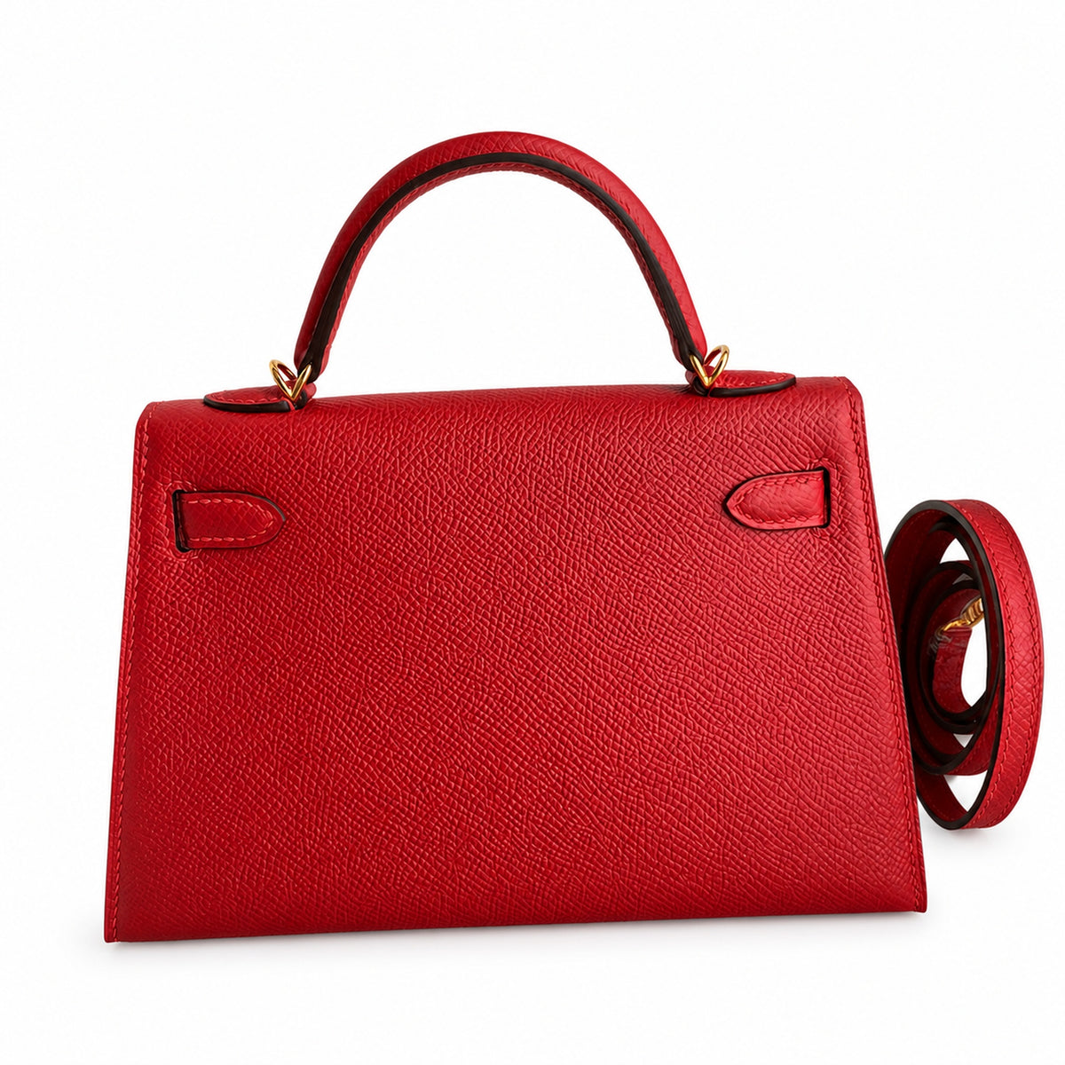 handmade Mini Kelly II 19cm imported Epsom Leather flag Red Gold Buckle — Distinctive Petite Bag