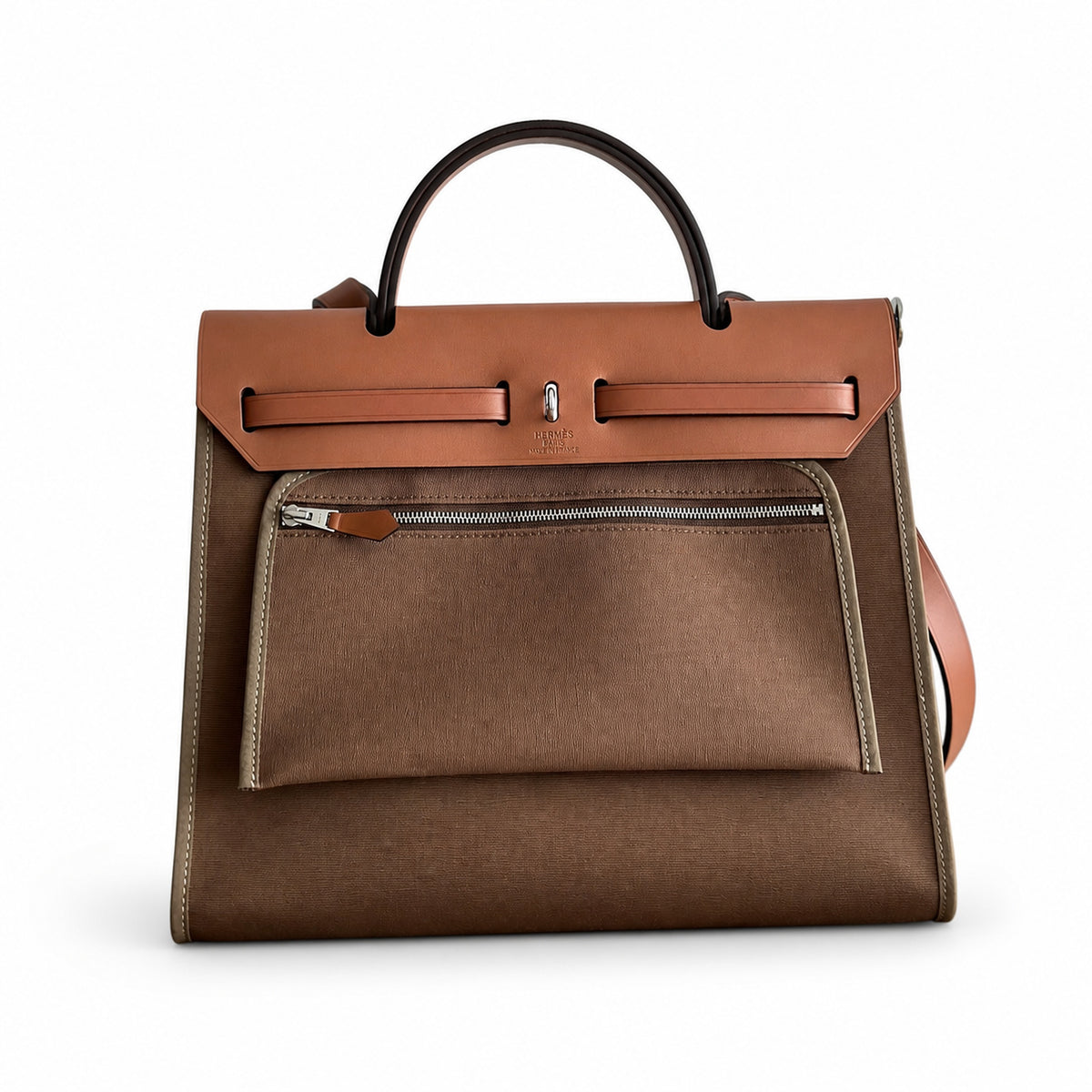 Herbag 31cm Saddle-Inspired Canvas Body with Leather Handle and Shoulder Strap — Distinctive Canvas Carry Style