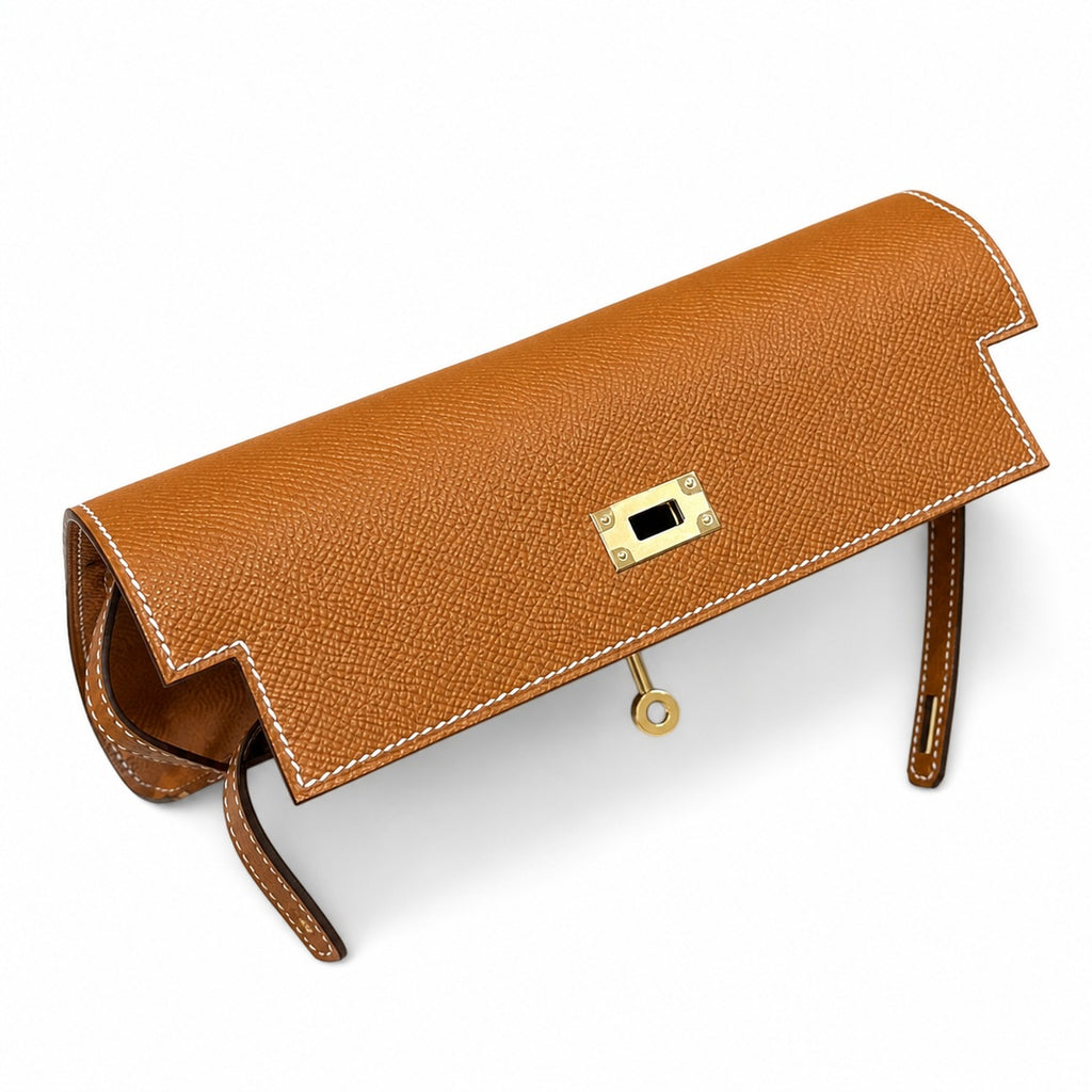 Elegant Petite Clutch: Kelly to go Color: ck37/Gold Size: 19*11.5*1.5cm Leather: Epsom Hardware: Gold Kelly crossbody bag, Golden Brown, cowhide, Gold Buckle, handmade P