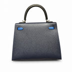 Kelly 25cm Epsom Leather 2Z Blue Nuit Midnight Blue with 89 Noir Black with 71 Bleu France French blue top handcraft — Structured Top-Handle Handbag