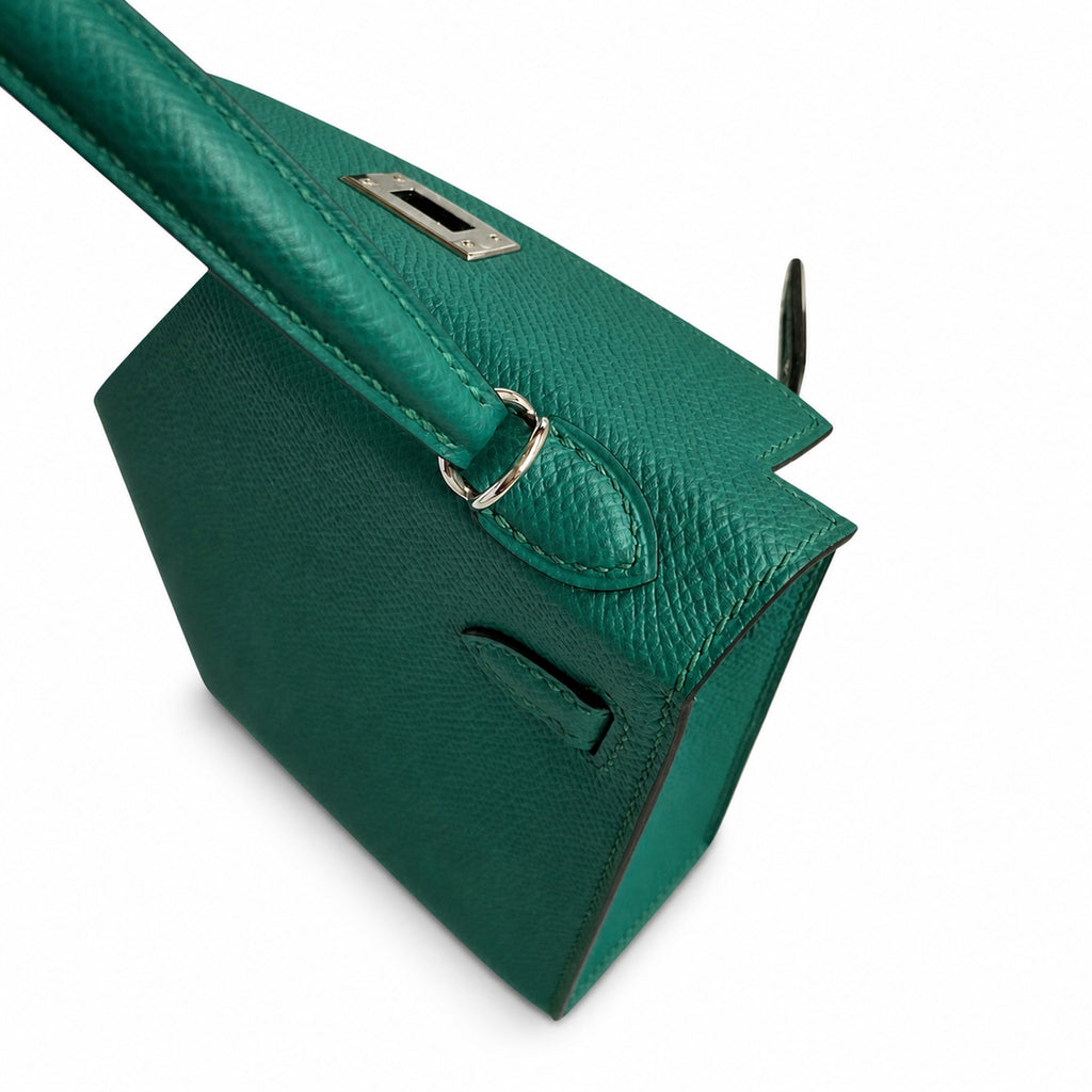 handmade Mini Kelly II 19cm imported Epsom Leather malachite green Silver Buckle — Compact Top-Handle Bag