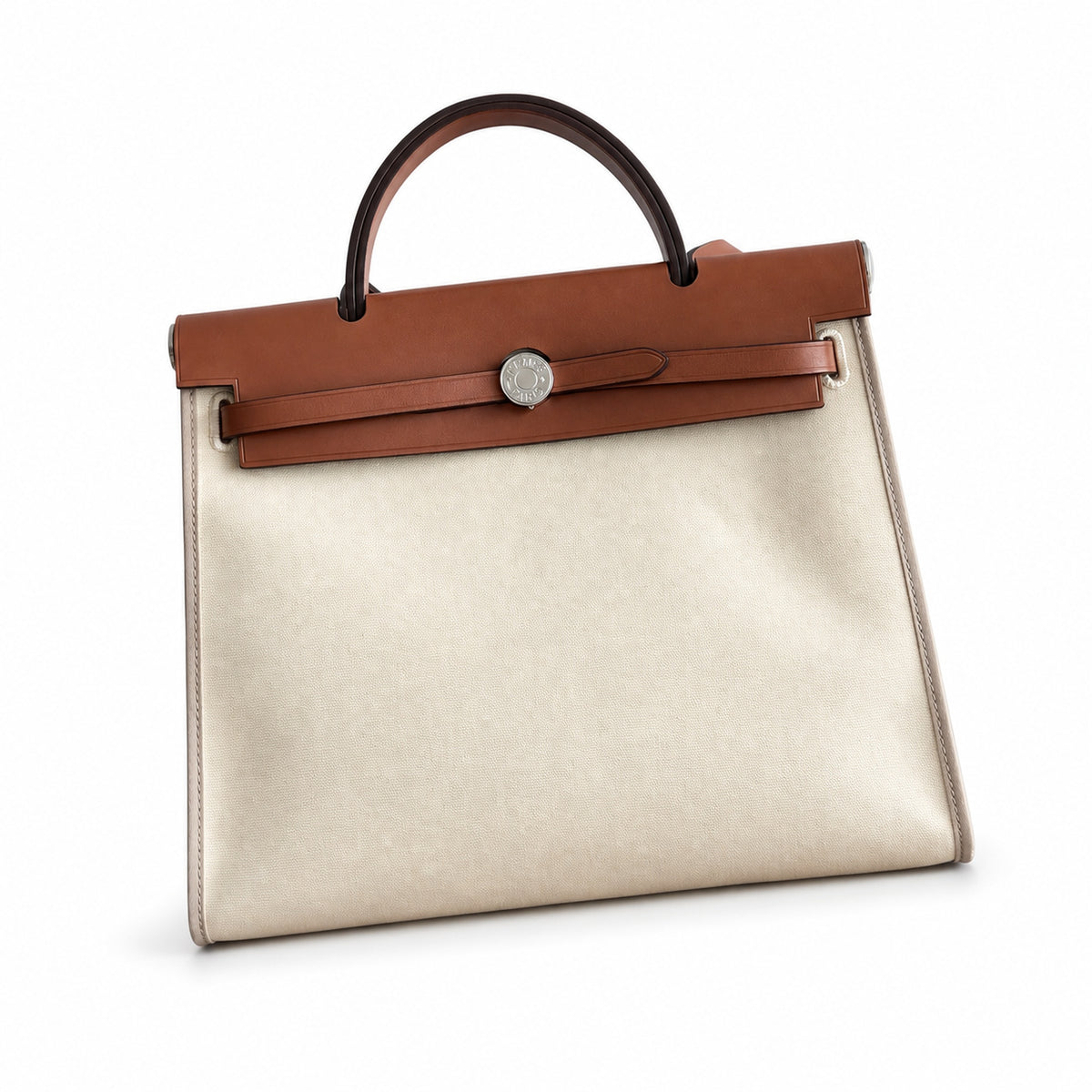 Herbag 31cm Saddle-Inspired Canvas Body with Leather Handle and Shoulder Strap — Canvas Body and Leather Trim Design
