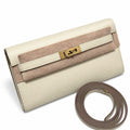 Kelly to go Color: ck10/Craie Size: 19*11.5*1.5cm Leather: Epsom Hardware: Gold Kelly crossbody bag, Milkshake White, cowhide, Gold Buckle, handmade — Compact Pochette Clutch