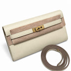 Kelly to go Color: ck10/Craie Size: 19*11.5*1.5cm Leather: Epsom Hardware: Gold Kelly crossbody bag, Milkshake White, cowhide, Gold Buckle, handmade — Compact Pochette Clutch
