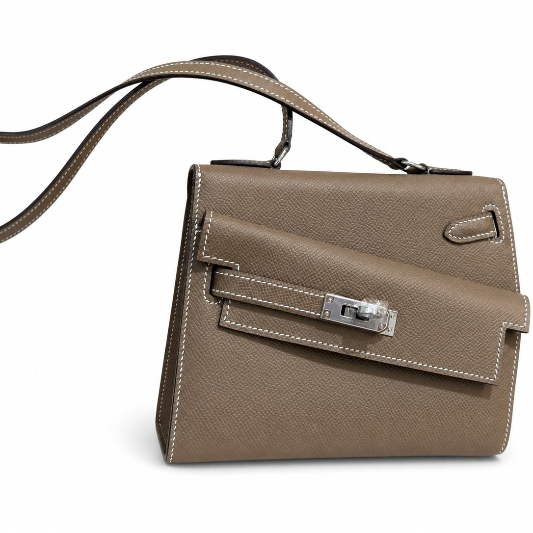 Kelly Double-Sided Epsom Leather in Elephant Gray with Silver Buckle — Polished Two-Sided Top-Handle Bag