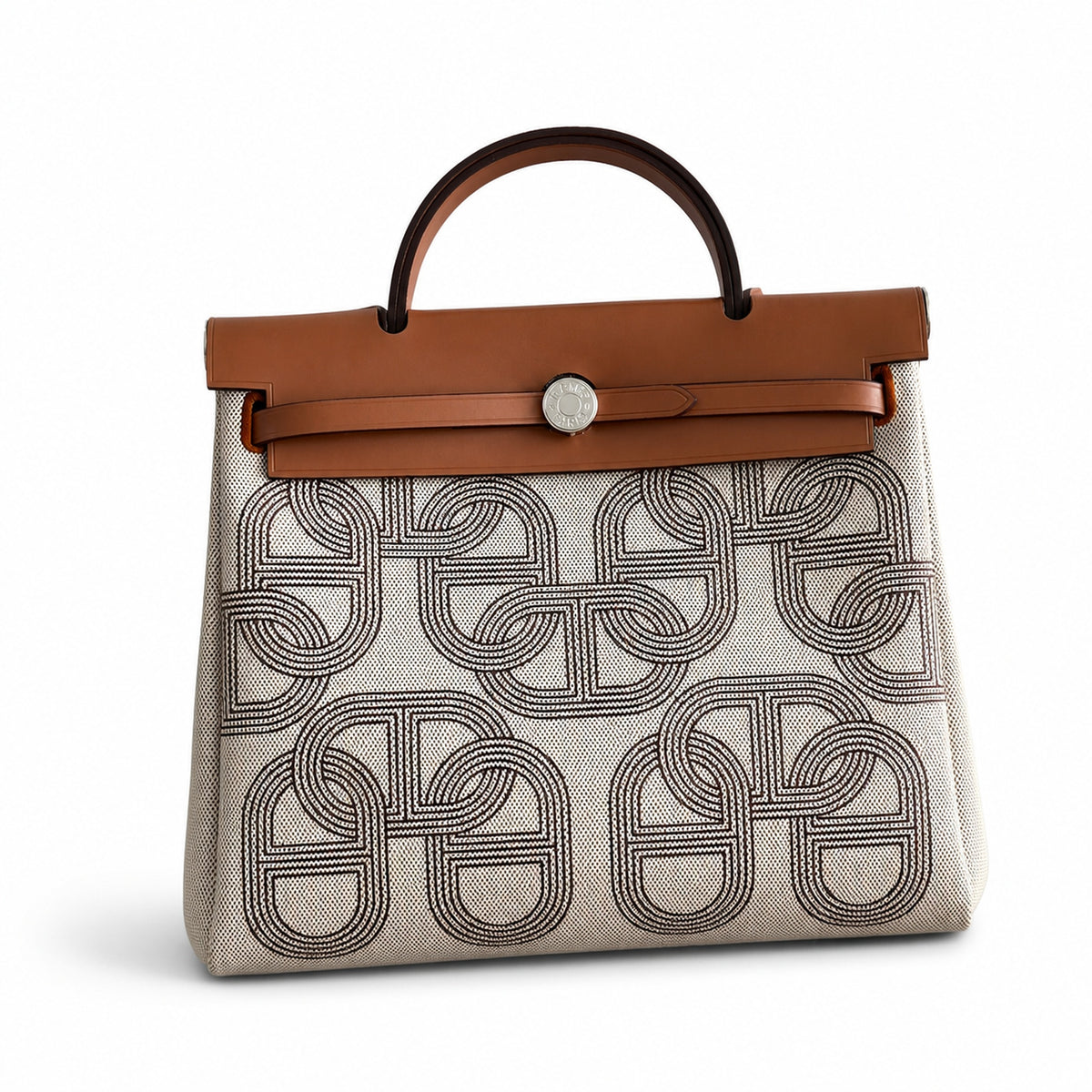 Polished Canvas-and-Leather Shoulder Style: Herbag 31cm Saddle-Inspired Canvas Body with Leather Handle and Shoulder Strap