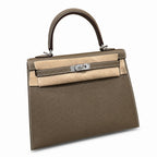 Kelly 25cm in Elephant Gray Epsom Leather with Silver Buckle Handmade — Distinctive Hand-Carry Bag