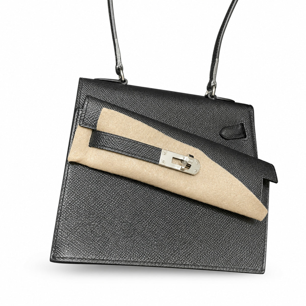 Kelly Desordre 20cm Sellier double-sided Epsom original palm print leather ck89 Black Noir Silver Buckle PHw top hand sewing — Refined Reversible Carry Design