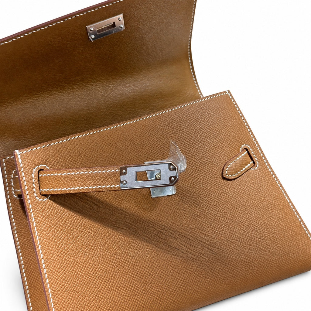 Kelly Double-Sided Epsom Leather in Gold Brown with Silver Buckle — Refined Reversible Carry Design