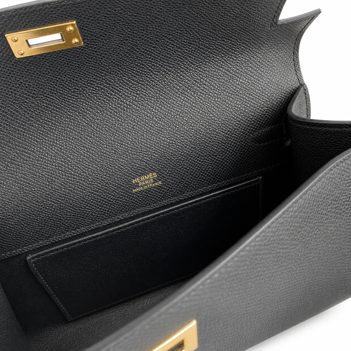 First generation handbag evening bag Kelly 22cm Epsom Leather Black Gold Buckle wax thread — Refined Top-Handle Bag
