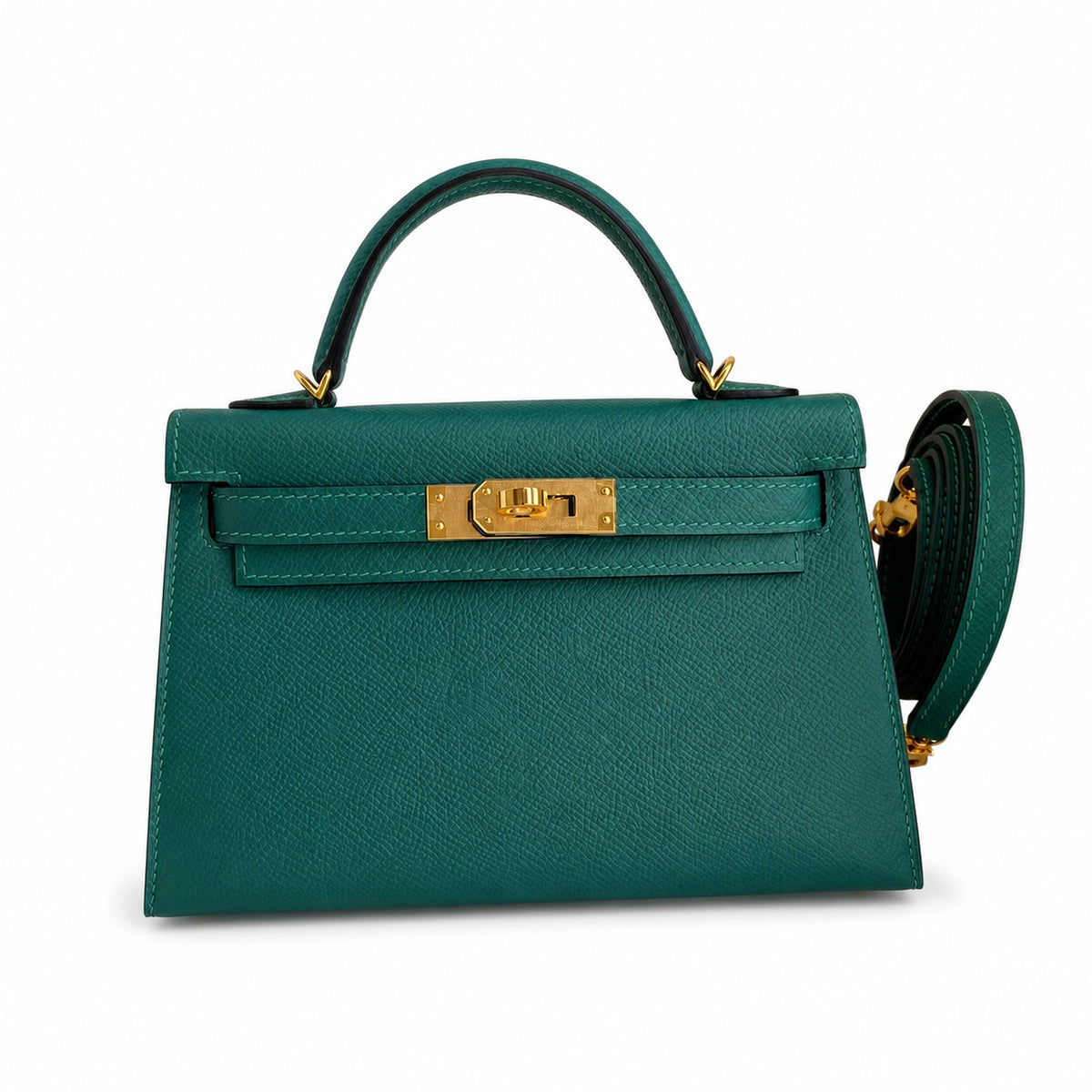 handmade Mini Kelly II 19cm imported Epsom Leather malachite green Gold Buckle — Polished Compact Handbag