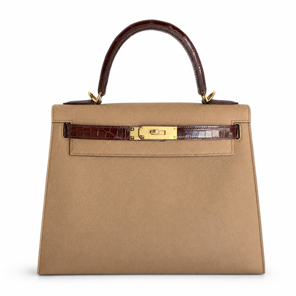 Kelly 28 Milk tea color with honey brown, Epsom with American color, Gold Buckle, hand sewing — Elegant Structured Carry Style