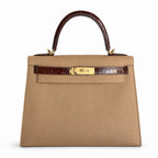 Kelly 28 Milk tea color with honey brown, Epsom with American color, Gold Buckle, hand sewing — Elegant Structured Carry Style