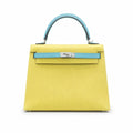 Kelly 28cm Epsom Leather C9 Soufre goose egg yolk 3P BlueAtoll macaron blue top handcraft — Polished Structured Handbag