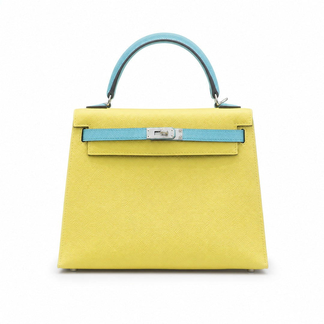 Kelly 28cm Epsom Leather C9 Soufre goose egg yolk 3P BlueAtoll macaron blue top handcraft — Polished Structured Handbag