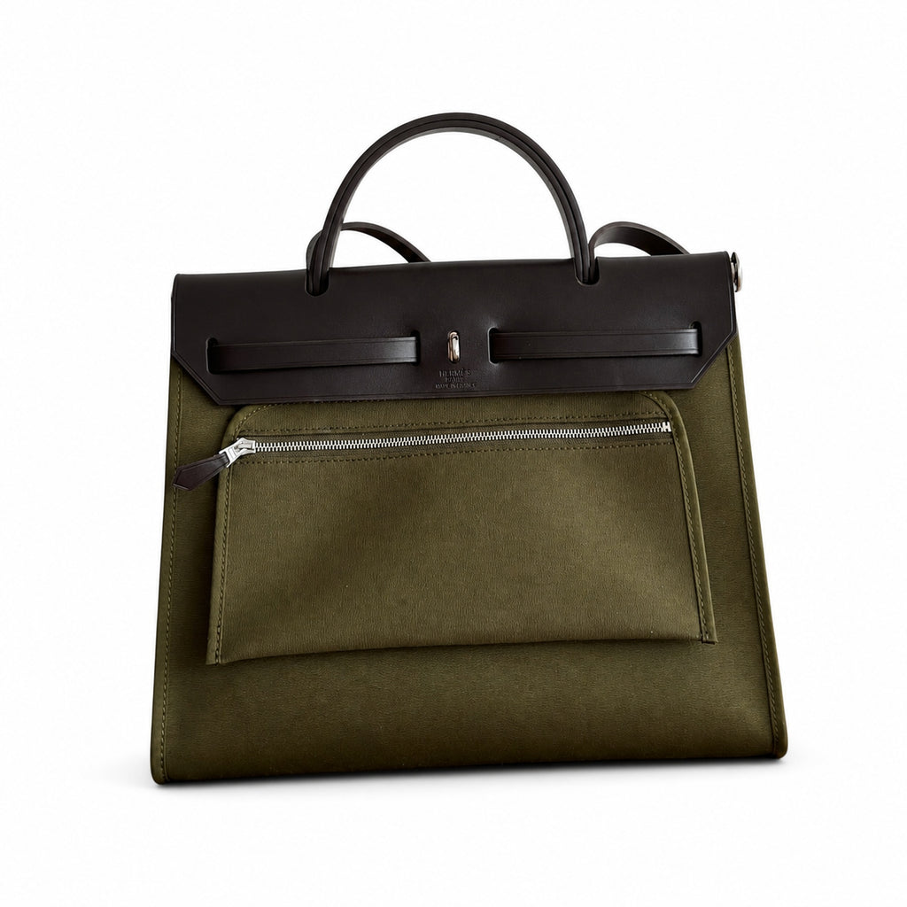Herbag 31cm Saddle-Inspired Canvas Body with Leather Handle and Shoulder Strap — Leather-Handled Canvas Shoulder Bag