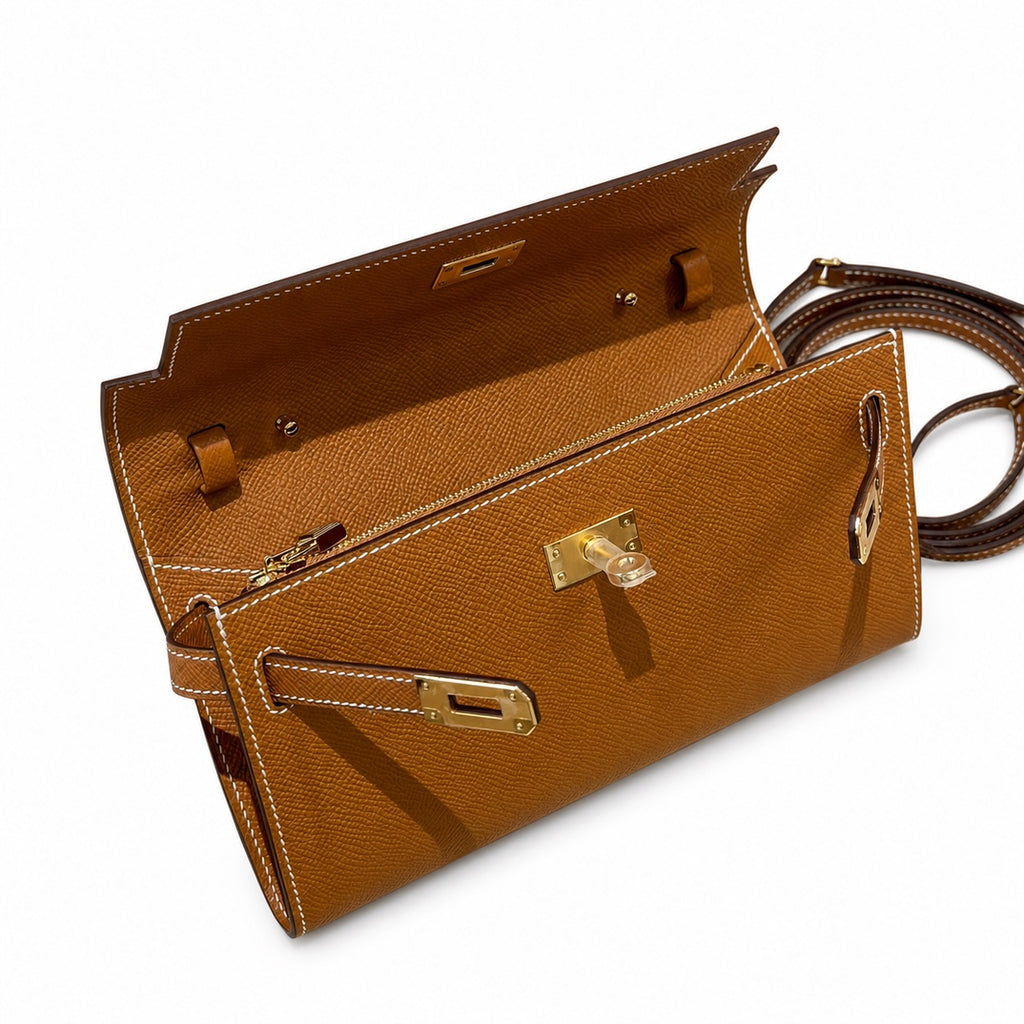 Elegant Petite Clutch: Kelly to go Color: ck37/Gold Size: 19*11.5*1.5cm Leather: Epsom Hardware: Gold Kelly crossbody bag, Golden Brown, cowhide, Gold Buckle, handmade P