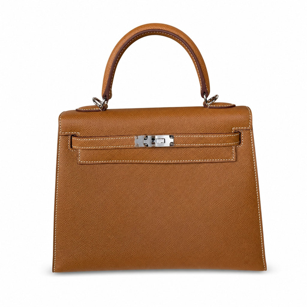 Kelly 25 Golden Brown Silver Buckle Epsom fully handmade wax thread — Sophisticated Carry Design