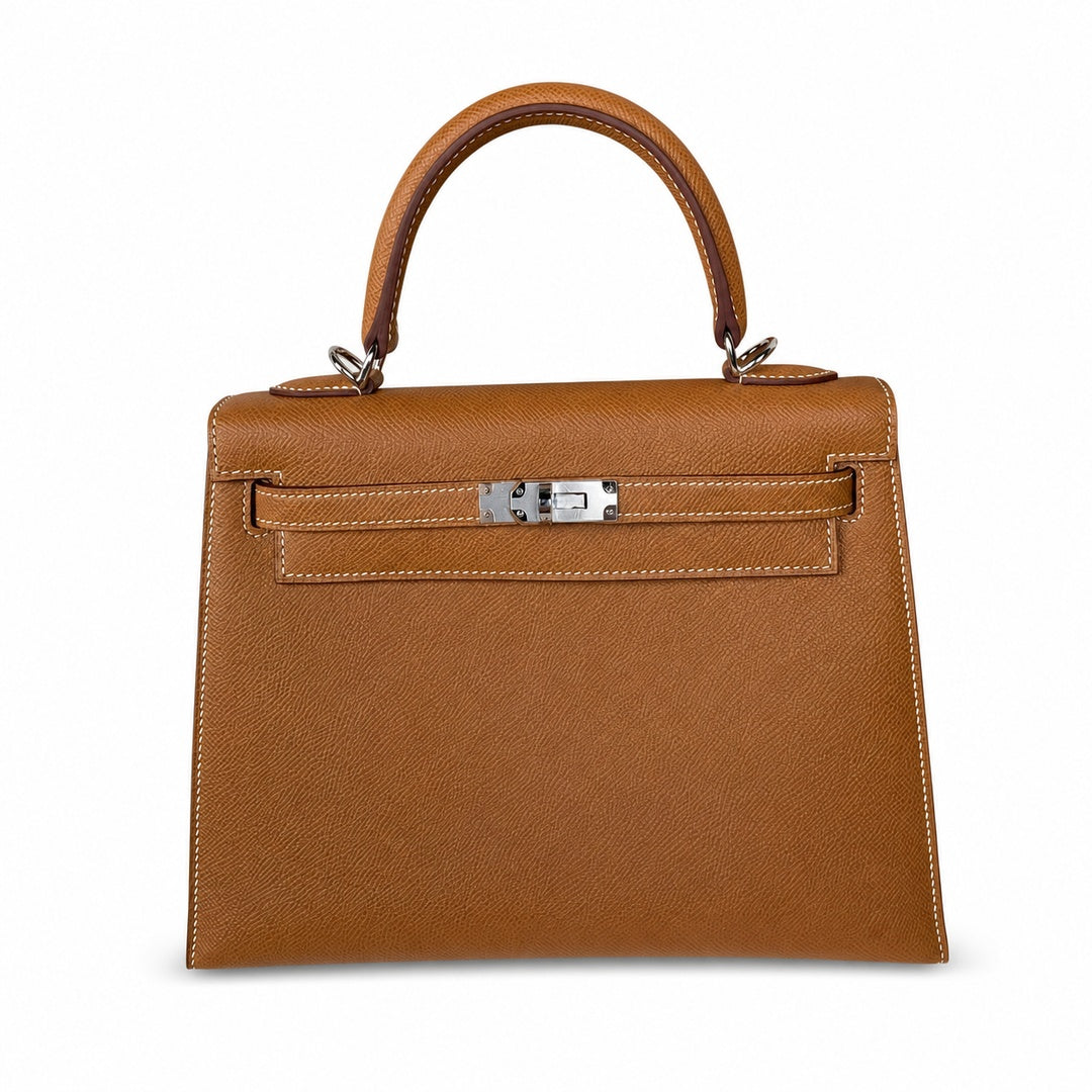 Kelly 25 Golden Brown Silver Buckle Epsom fully handmade wax thread — Sophisticated Carry Design