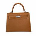 Sophisticated Carry Design: Kelly 25 Golden Brown Silver Buckle Epsom fully handmade wax thread