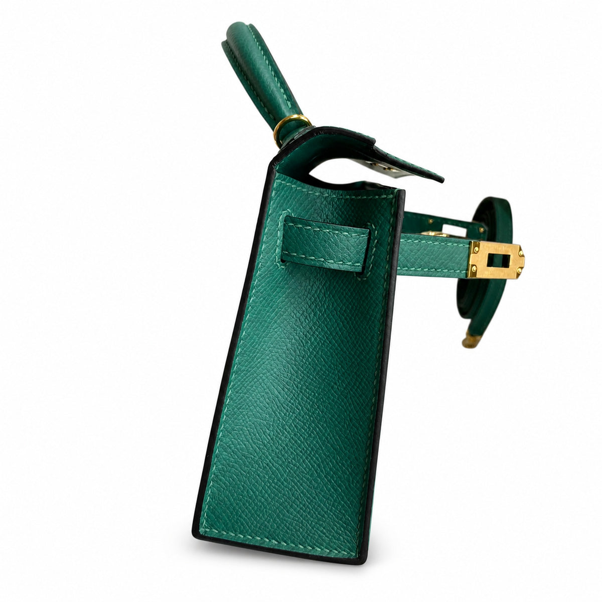 handmade Mini Kelly II 19cm imported Epsom Leather malachite green Gold Buckle — Polished Compact Handbag