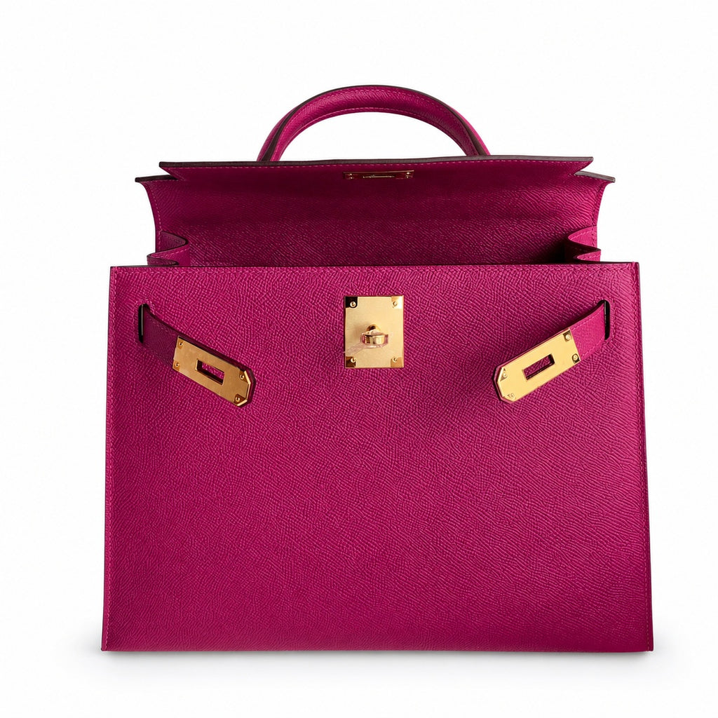 Kelly 28 L3 Rose Purple Epsom Gold Buckle, handmade with wax thread — Streamlined Top-Handle Handbag